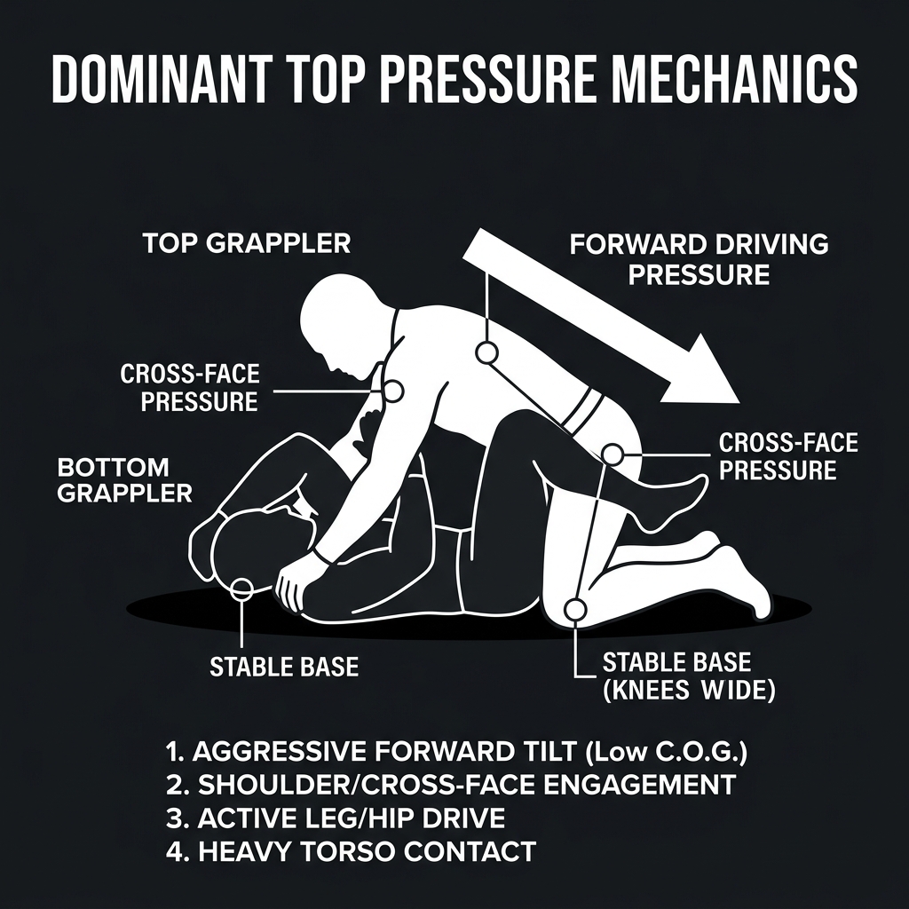 Supporting Visual: A stark, minimalist diagram showcasing the contrast between a reactive, defensive posture (weight back, wide eyes) and a dominant, proactive posture (forward pressure, tight frames).
