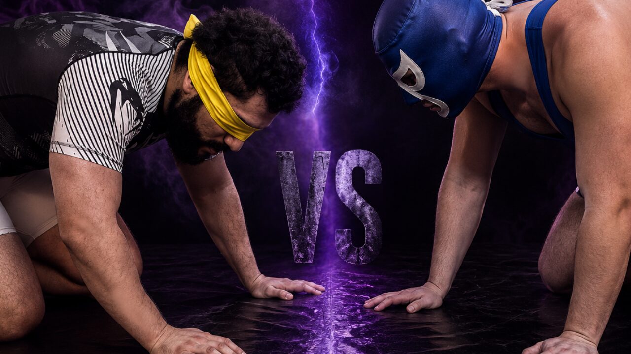 Robgrappler and the masked opponent face off before THE VOID.
